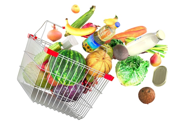 Cesto de compras com produtos alimentares voando para fora dele renderização 3D isolado em fundo transparente