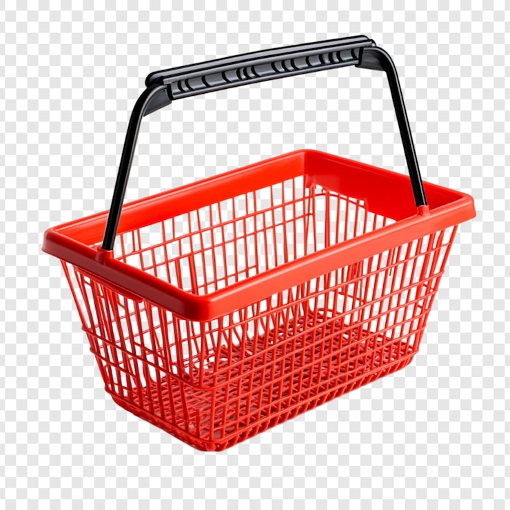 PSD cesto de compras de plástico vermelho com alça preta isolado em fundo branco perfeito para compras de supermercado loja de varejo exibição de produtos colocação de compras on-line comércio eletrônico