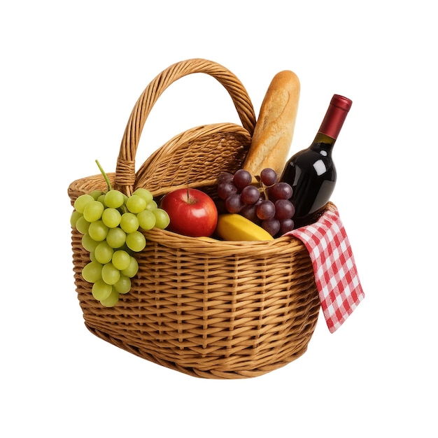 Cesto de piquenique com uvas, maçãs, vinho e pão cortados em um fundo transparente