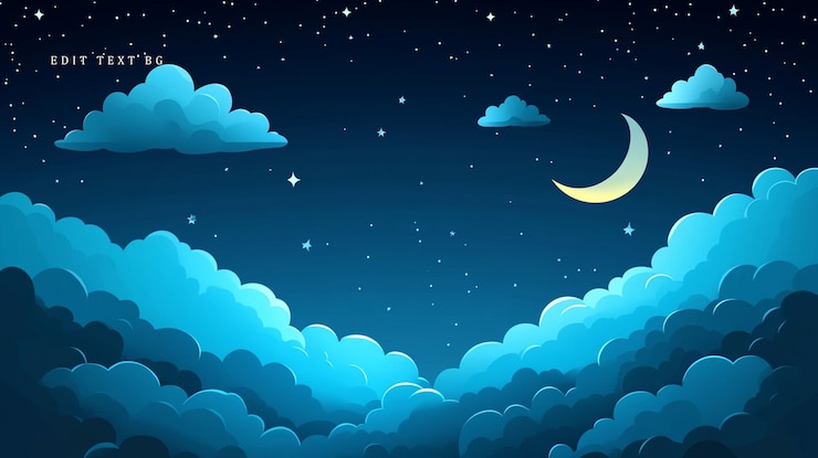 PSD céu noturno com lua crescente, estrelas e nuvens azuis fofas.