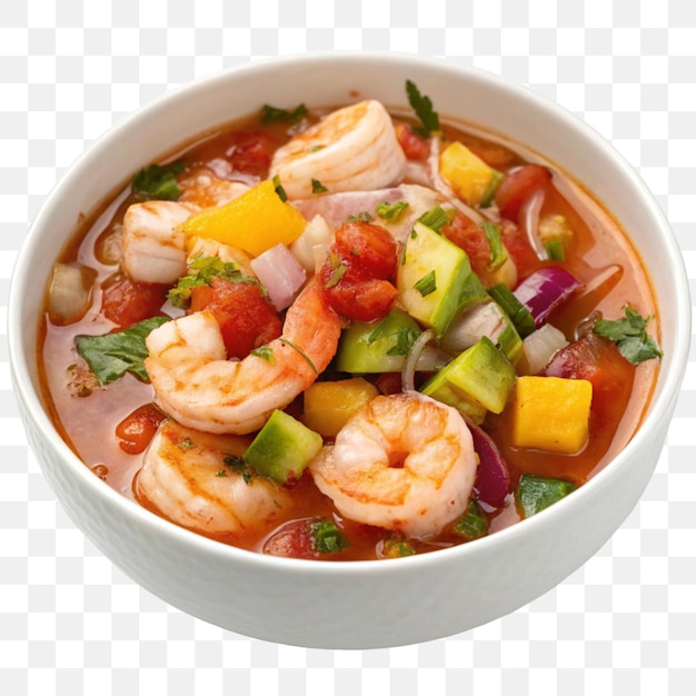 Ceviche de crevettes fraîches dans un bol avec des légumes isolés sur un fond blanc
