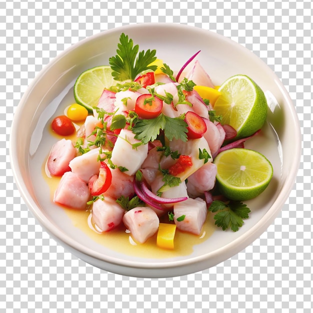 Ceviche en placa blanca aislada sobre un fondo transparente