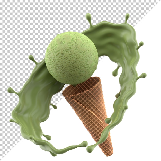 Chá verde macha sorvete no cone isolado na maquete de fundo branco