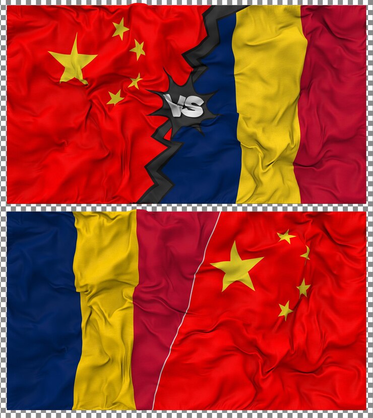 PSD chad contra china media bandera combinada con tela y textura en 3d