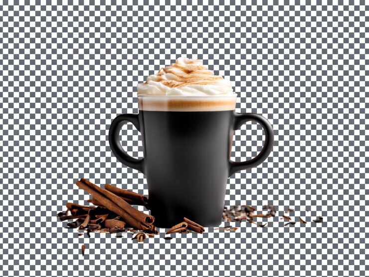 PSD chai latte alla vaniglia in una tazza nera isolato su uno sfondo trasparente