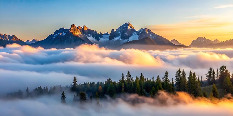 PSD une chaîne de montagnes avec des arbres et des montagnes en arrière-plan