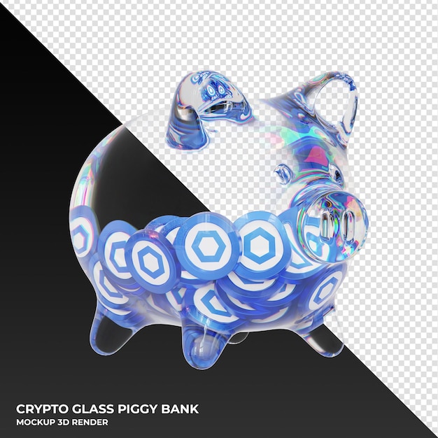 Chainlink link sparschwein aus glas mit kryptomünzen 3d-darstellung