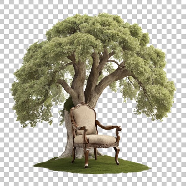 PSD une chaise antique avec un grand arbre sur un fond transparent