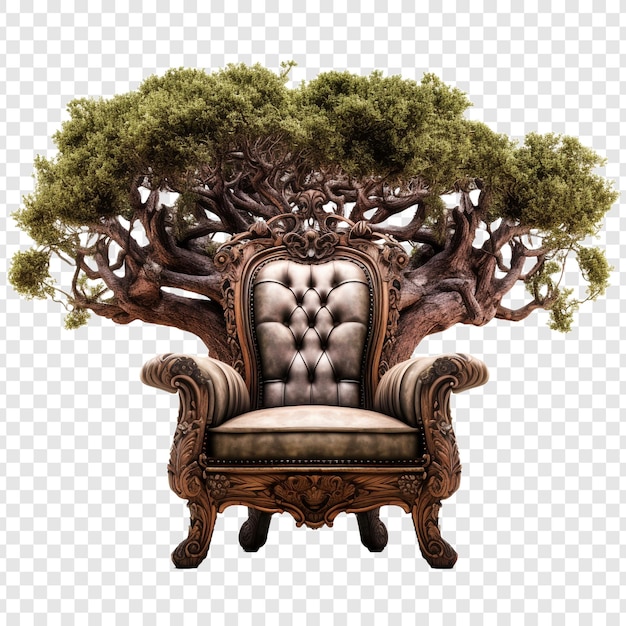 PSD chaise antique avec de grands arbres vus de l'avant isolés sur un fond transparent