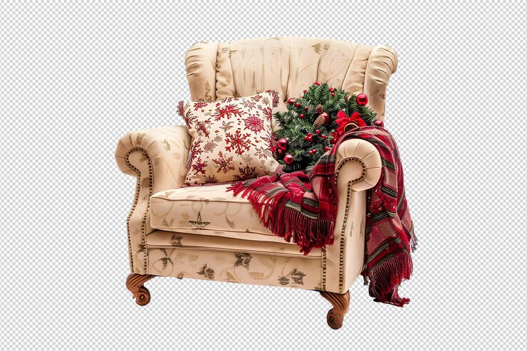 une chaise avec une couverture rouge et verte et un arbre de Noël dessus