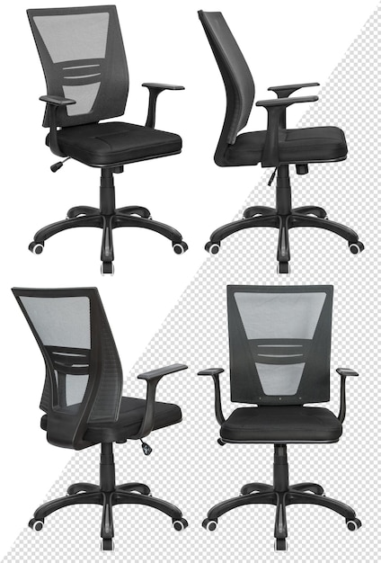 PSD chaise d'ordinateur de bureau, avec dossier en résille. isolé de l'arrière-plan. vue de différents côtés