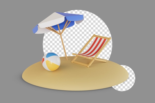 Chaise de plage et ballon avec illustration de rendu 3D parapluie