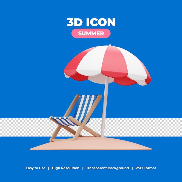 PSD chaise de plage et parasol avec illustration d'icône de rendu 3d