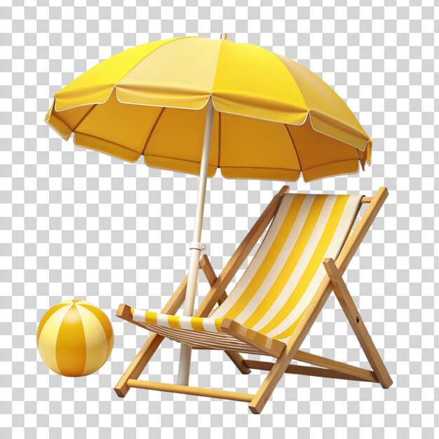 PSD chaise de plage vectorielle 3d parapluie jaune et balle isolée sur un fond transparent