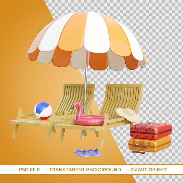 Chaises de plage et parasols avec des bagages de ballon de plage rendu 3d