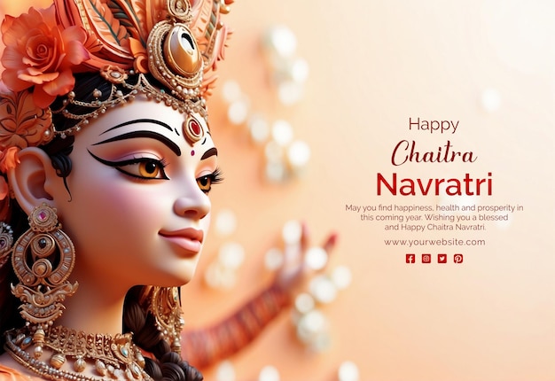 Chaitra navratri 3d render conceito deusa durga escultura vista lateral em fundo de pêssego fuzz