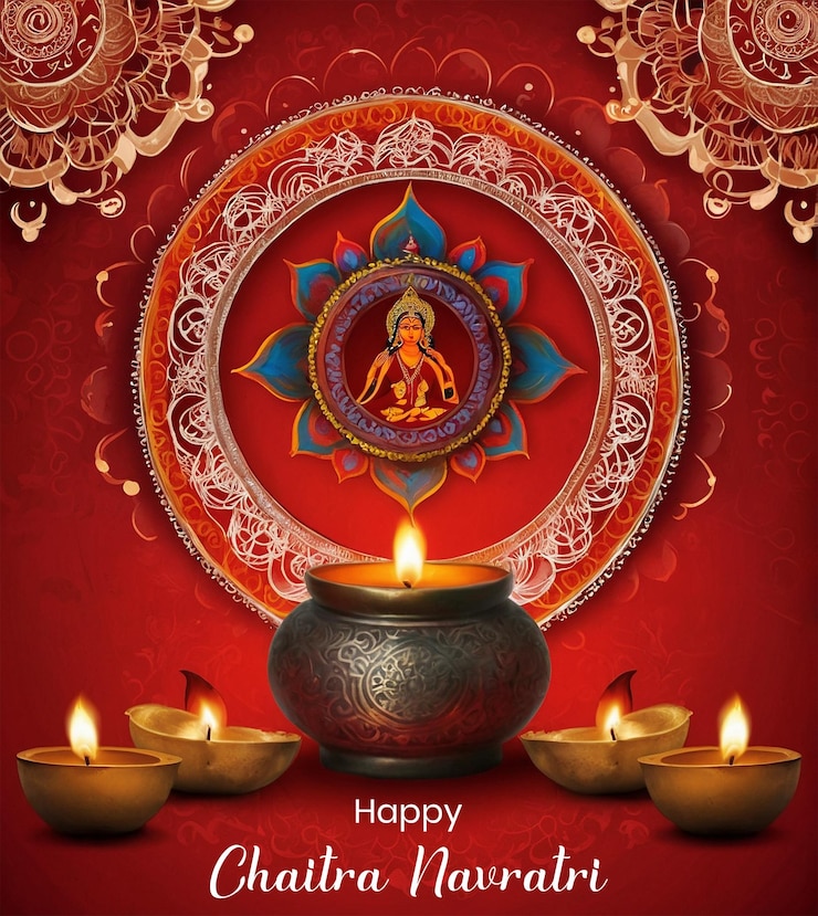PSD chaitra navratri concepto de la diosa durga forma del rostro vista dentro de la decoración del mandala sobre fondo rojo