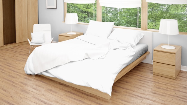 Chambre ou chambre d'hôtel avec lit double et grandes fenêtres