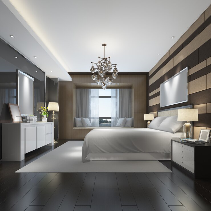 PSD chambre double moderne et réaliste avec des meubles et un cadre