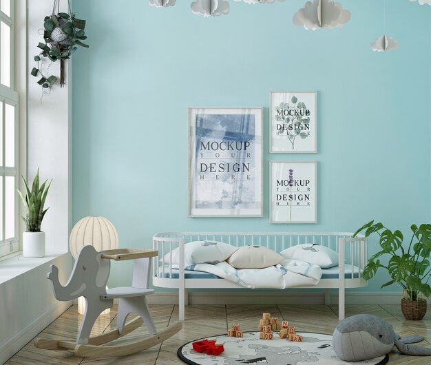 chambre d'enfant bleue avec cadre d'affiche de maquette