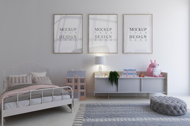 Chambre d'enfants avec des cadres d'affiche de conception de maquette