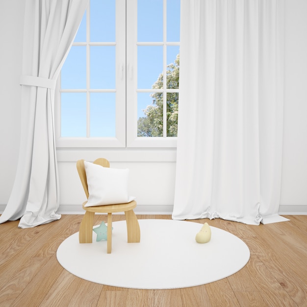 chambre d'enfants avec petite chaise et fenêtre blanche