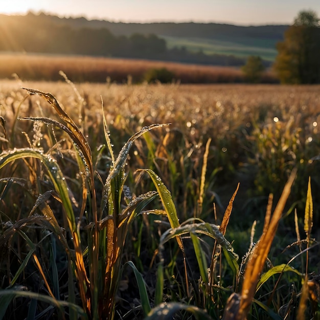 PSD champ d'automne le matin avec le soleil du matin et la rosée étincelante