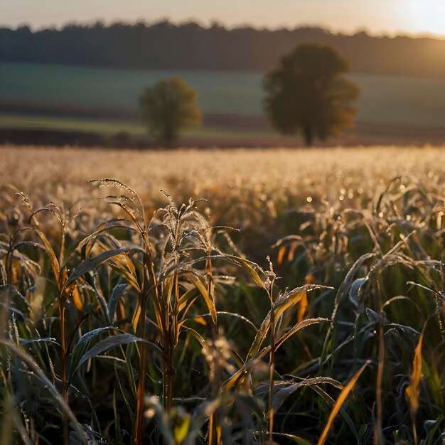 PSD champ d'automne le matin avec le soleil du matin et la rosée étincelante