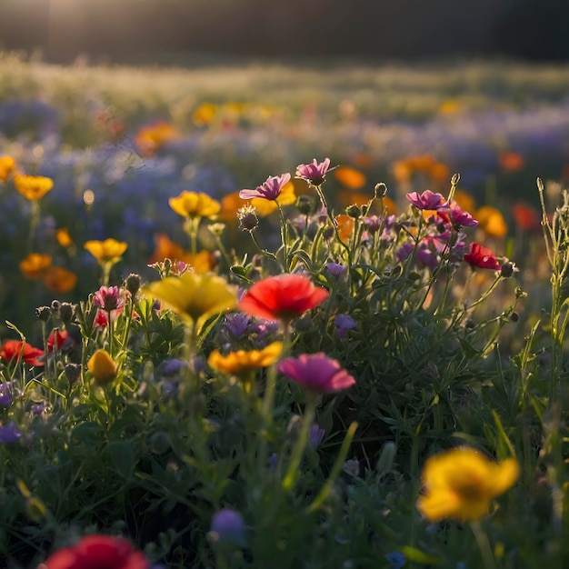 Un champ de fleurs sauvages colorées le matin