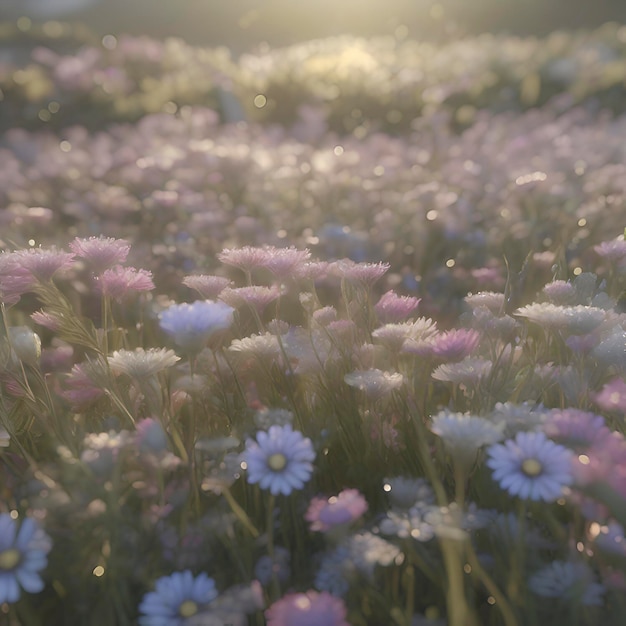 PSD un champ de fleurs sauvages pastel à la lumière du soleil du matin