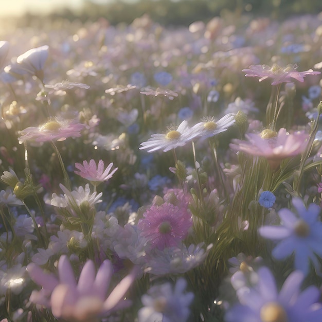 PSD un champ de fleurs sauvages pastel à la lumière du soleil du matin