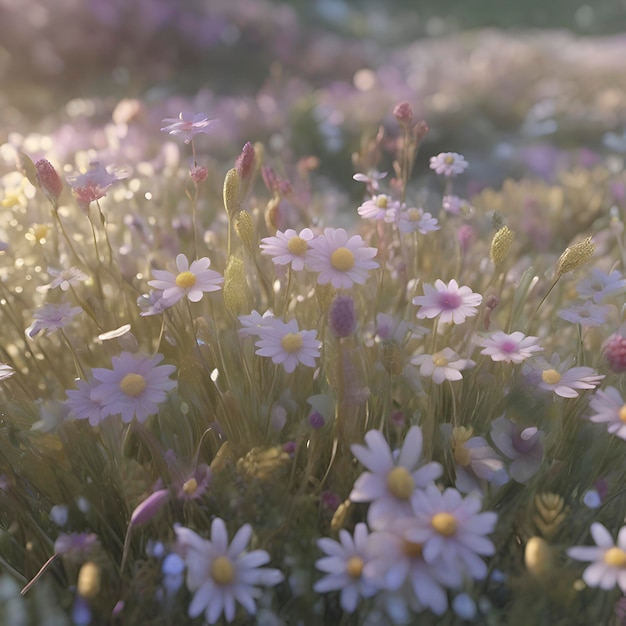 PSD un champ de fleurs sauvages pastel à la lumière du soleil du matin