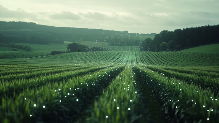PSD un champ vert luxuriant avec des rangées de récoltes éclairées par des lumières brillantes créant une atmosphère magique et tranquille sous un ciel nuageux doux