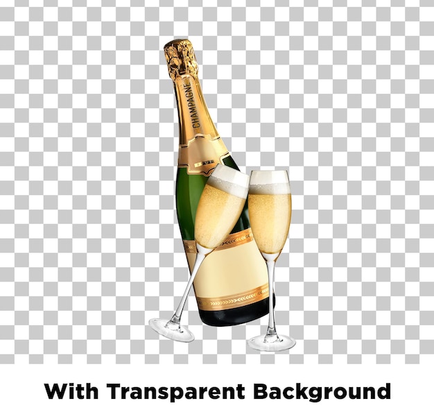 Champagnerflasche und Flöten mit Blasen Feier durchsichtigem Hintergrund