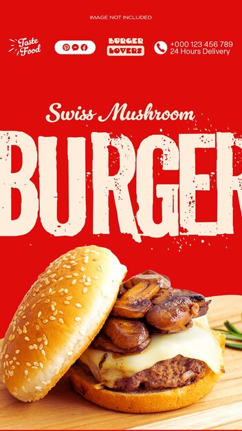 PSD le champignon suisse de burger sur fond rouge est un modèle d'histoire instagram.