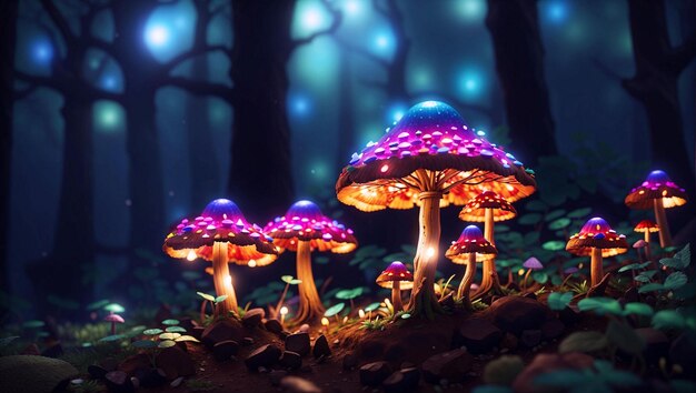 PSD des champignons magiques et lumineux dans une forêt sombre et mystérieuse.