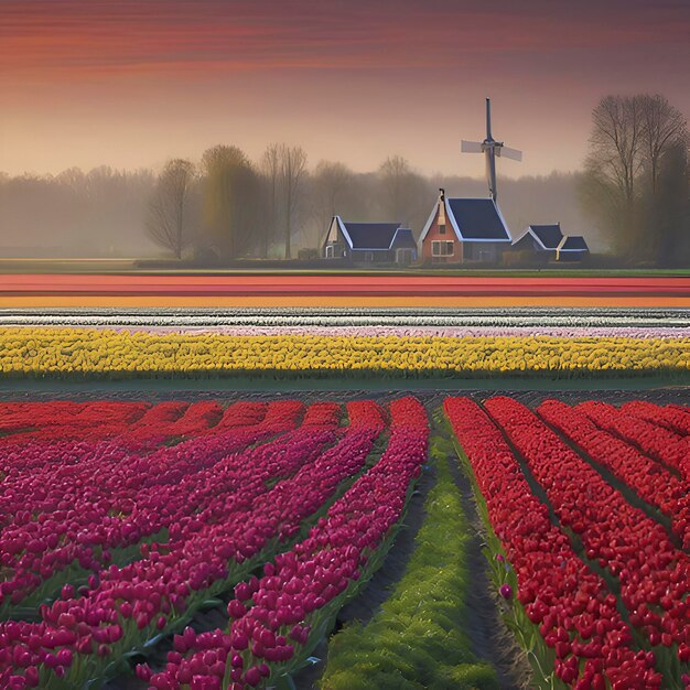 PSD champs de tulipes ruraux néerlandais paysage rural