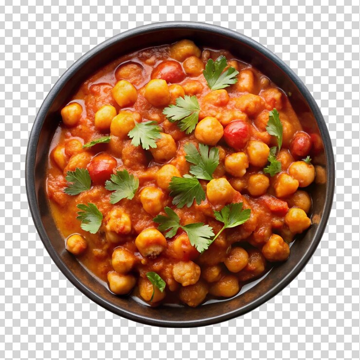 PSD chana masala en la vista superior del cuenco negro aislado en un fondo transparente