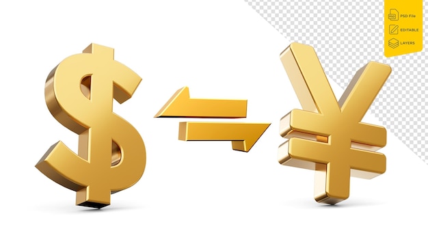 PSD changement de devise dollar à yen signe ou symbole concept financier illustration 3d