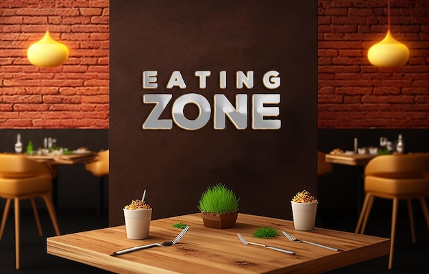 Chanter Logo Mockup Eating Zone Logo Mockup maquette dans Fast food Restaurant Mur de briques Fond