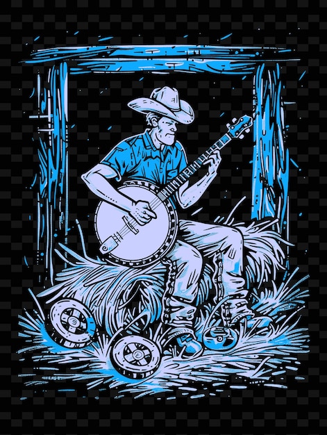 PSD chanteur de country jouant du banjo dans une grange avec des balles de foin et une idée d'affiche musicale d'illustration vectorielle