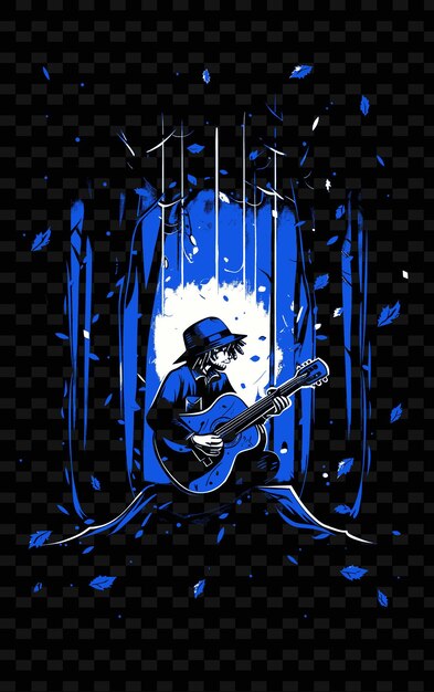 PSD chanteur folklorique jouant de la guitare dans une forêt avec des feuilles falli vector illustration idée d'affiche musicale