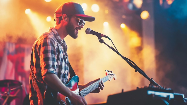 PSD chanteur jouant de la guitare sur scène avec des lumières vives
