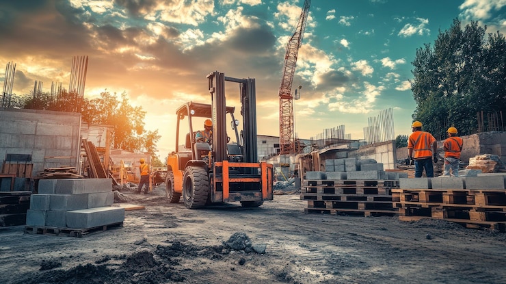 PSD chantier au coucher du soleil avec des machines et des ouvriers