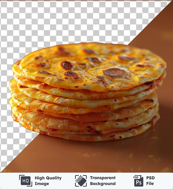 PSD chapatis de objeto transparente empilhados um em cima do outro em uma mesa marrom com uma sombra preta no fundo