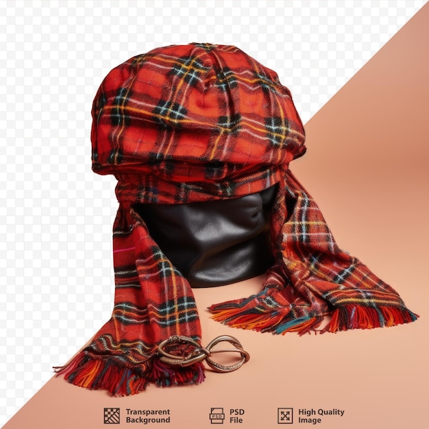 PSD chapeau et écharpe de tartan rouge traditionnel écossais pour hommes isolés sur fond transparent