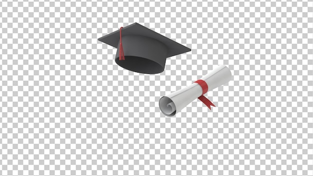 Chapeau de graduation et diplôme sur fond transparent rendu 3d