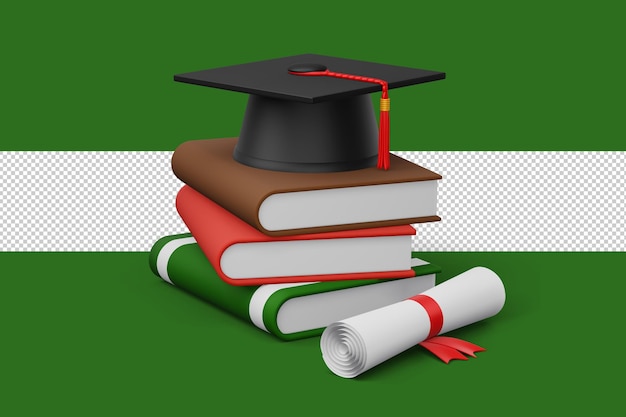 PSD chapeau de graduation avec diplôme et livre coloré rendu 3d