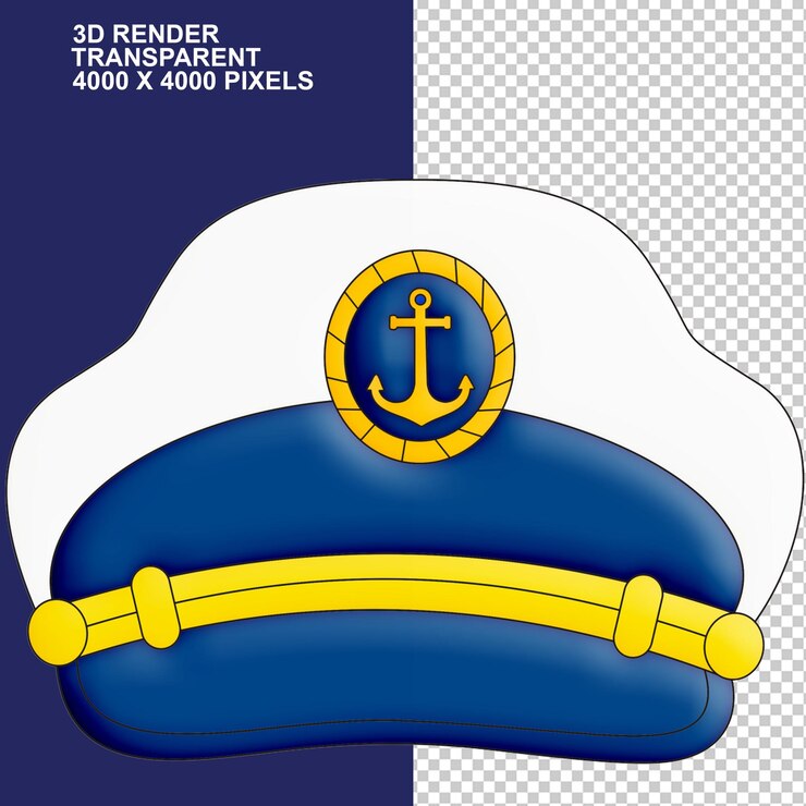 PSD chapéu azul e branco com picos de navios de passageiros, chapéu de tripulação, parte do uniforme dos marinheiros