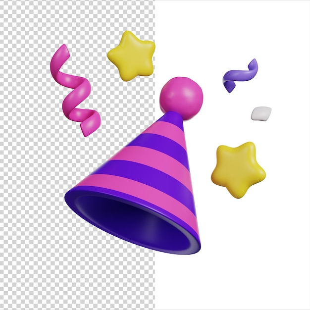 Chapéu de aniversário com icona de renderização 3D de confete